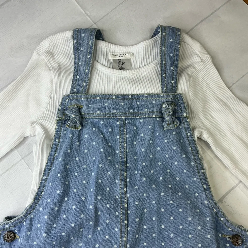 Max Studio Kids Denim Blue Overall Dress with Matching White Long Sleeve Shirt‎